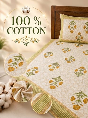 Image of Mafatlal 144 TC Pure 100% Cotton Twin Bed Sheet with Pillow Cover | 90x60 inches | Bedcover for Single Size Bed, Jaipuri Prints | Light Yellow