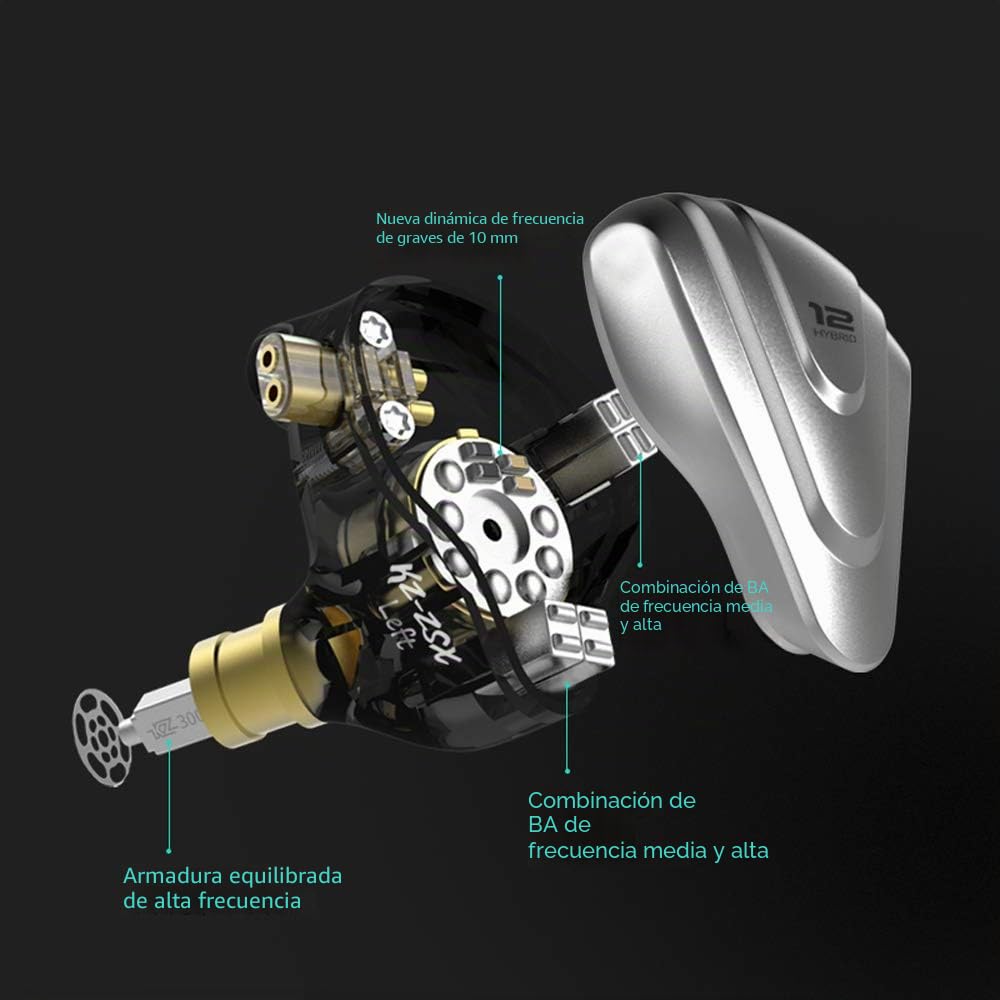 KZ ZSX 5BA + 1DD 6 Driver Híbrido en la Oreja los Auriculares de Alta fidelidad con Placa Frontal de aleación de Zinc, Cable Desmontable de 0,75 mm y 2 Pines