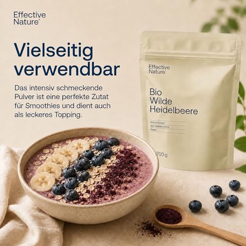 Effective Nature - Wilde Heidelbeeren Bio Pulver - Fruchtpulver in Rohkostqualität - Reich an Antioxidantien - Blaubeeren Pulver (Vaccinium myrtillus) - 200 g - vegan