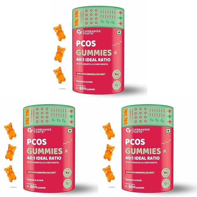 Image of Carbamide Forte PCOS Supplements for Women with 40:1 Ratio of Myo & D Chiro Inositol Fortified with PCOS Vitamins & Minerals - Orange Flavour - 60 Veg Gummies (Pack of 3)