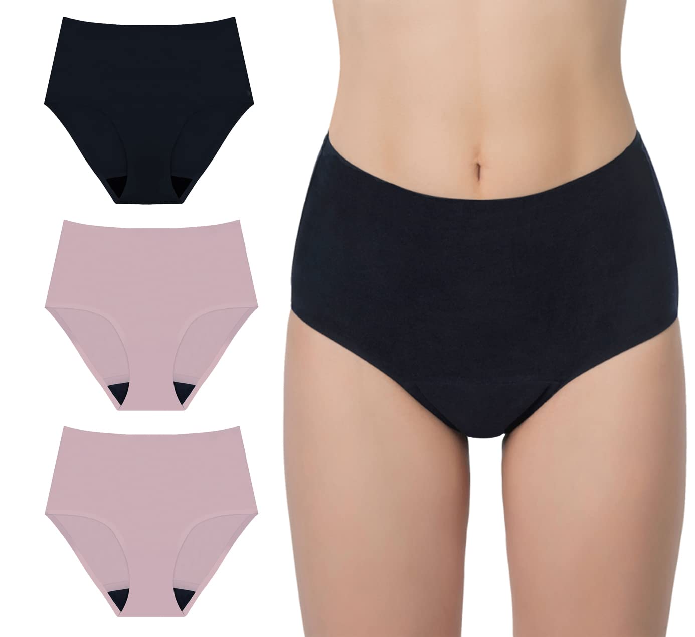 AIRCUTE Washable Urinary Incontinence Underwear for Women, Absorbent Seamless High Waist Leak Protective Panty 3 Pack (Black-Blush-Blush, Medium)