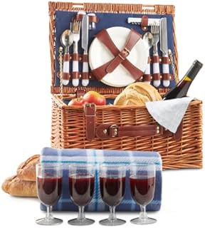 VonShef 4 Person Picnic Baskets - Luxury Wicker Picnic Basket Sets - Stainless Steel Cutlery, Plates, Salt & Pepper Shakers, Wine Glasses, Bottle Opener, Cotton Napkins (4 Person, Navy)