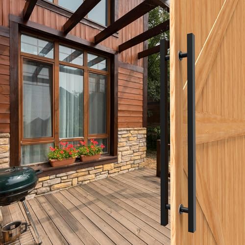 Image of 36 inch Matte Black Square Barn Door Pull Handle Double Sided | Heavy Duty 304 Stainless Steel, 27-9 /16 inch Hole Spacing, Fits 3 /4 inch-2 inch Thick Barn, Front Entry, Sliding & Exterior Doors