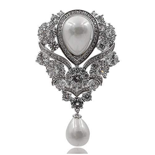 Dreamlandsales Victorian Vintage Silver Tone Ribbon Floral Scroll Pearl Drop Wedding Brooch Pin Bridal Jewelry (White)