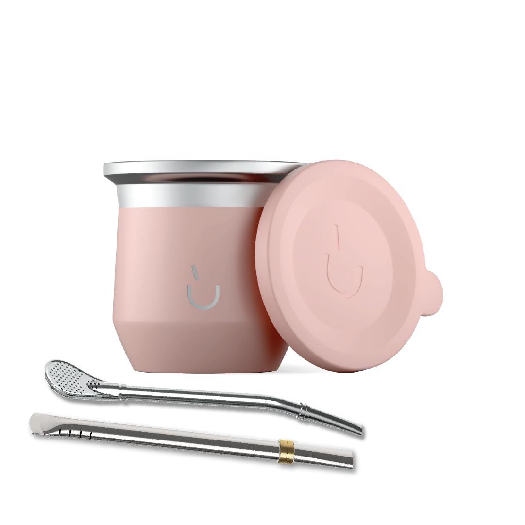 BALIBETOV Yerba Mate Cup – Vacuum Insulated Stainless Steel Gourd with Silicone Cover & Non-Slip Base – Includes 2 Bombillas & Cleaning Brush – Unique Design, Easy to Clean