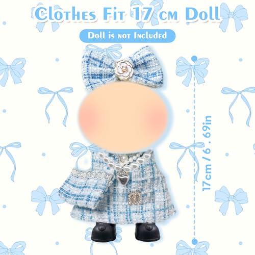 Blaue Puppe Kleidung 17cm Puppen Klassiker Check Elegante Puppe Kleidung Zubehör Set mit Kleidern Haarclips Tasche Schuhe Halskette für Mädchen Geburtstagsgeschenk, Keine Puppe