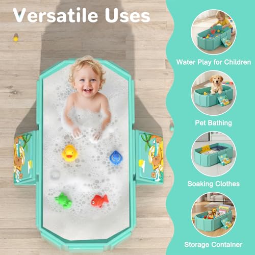YTACREA Baby Badewanne Groß Faltbar, Multifunktionale Tragbare Babywanne für 0-8 Jahre, Kinderbadewanne Mobile Badewanne für Dusche, Integrierte Babybadewanne mit Ablassschraube, Platzsparende, Grün