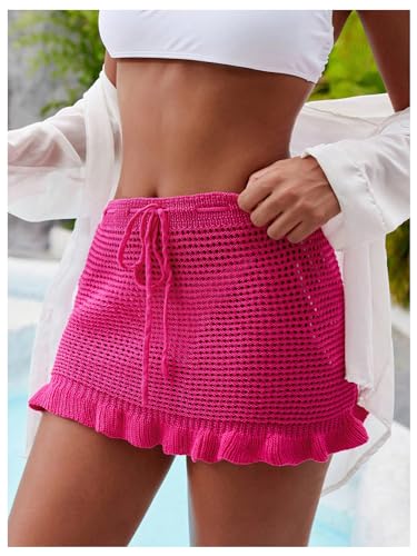 Milumia Women's Crochet Hollow Out Tie Front Ruffle Hem Cover Up Skirts Beach Mini Skirts3