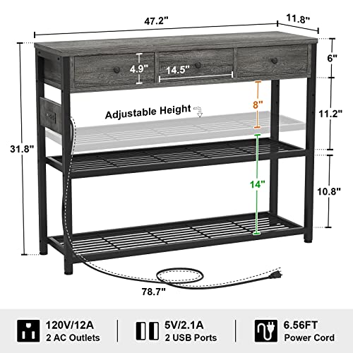 Ecoprsio 47'' Entryway Table With Outlets And Usb Ports, Console Table With 3 Drawers, Sofa Table Narrow Long With Storage Shelves For Living Room, Couch, Hallway, Foyer, Kitchen Counter, Grey #TOP2
