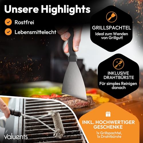 valuents® Grillplatte - Plancha Grill Platte aus dickem & rostfreiem Edelstahl – 40 x 30 cm – für BBQ Gasgrill & Kohlegrill geeignet +PLUS: Bürste & Grillspachtel 5