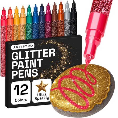 Artistro Feutres à Paillettes Pour Peinture sur Roche, Pierre, Céramique, Verre, Bois, Tissu, Scrapbooking, Bricolage, Cartes, Coloriage. Lot de 12 Marqueurs Acryliques à Pointe Extra-Fine 0,7 mm