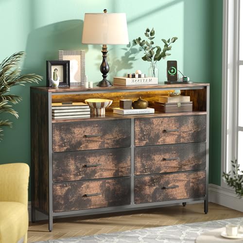 LEADZM Kommode mit Schubladen, Schrank, 6 Stoffschubladen mit 2 USB 1 Type-C & 2 AC-Anschlüssen Aufbewahrungsschrank, für Schlafzimmer, Wohnzimmer, 114,5 x 30 x 87,5 cm