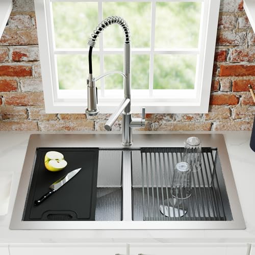 Image of Karran Matrix 33 inch Top Mount Workstation Kitchen Sink, Double Bowl, 16 Gauge Stainless Steel, Includes Cutting Board, Drying Mat & Basket Strainers