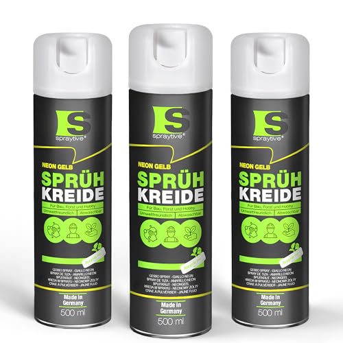 Spraytive 3 x 500ml Sprühkreide neon-gelb - Abwaschbare leuchtende Kreidefarbe, Outdoor Kreidespray, Bodenmarkierung, Temporäres Markierungsspray, Farbspray für Asphalt, Gras, Beton