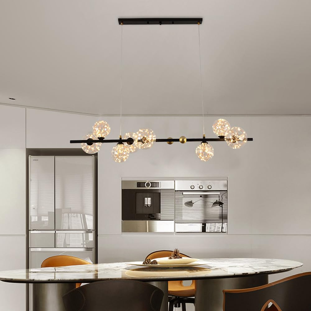 8-punktowa liniowa lampa wisząca Vintage Gold Slender Tube Linear LED Żyrandol z sznurkiem Filament Glass Ściemnialna kuchnia Farmhouse Wyspa sufitowa Lampa wisząca do jadalni Rest