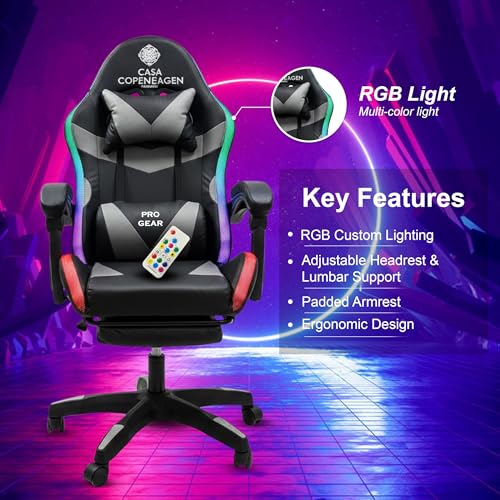 Image of Casa Copenhagen Designed in Denmark,High-Back Italian Leather Gaming Ergonomic Chair with Advanced Mechanism with LED Light & Electric Back Massager, Memory Foam Seating - Grey & Black