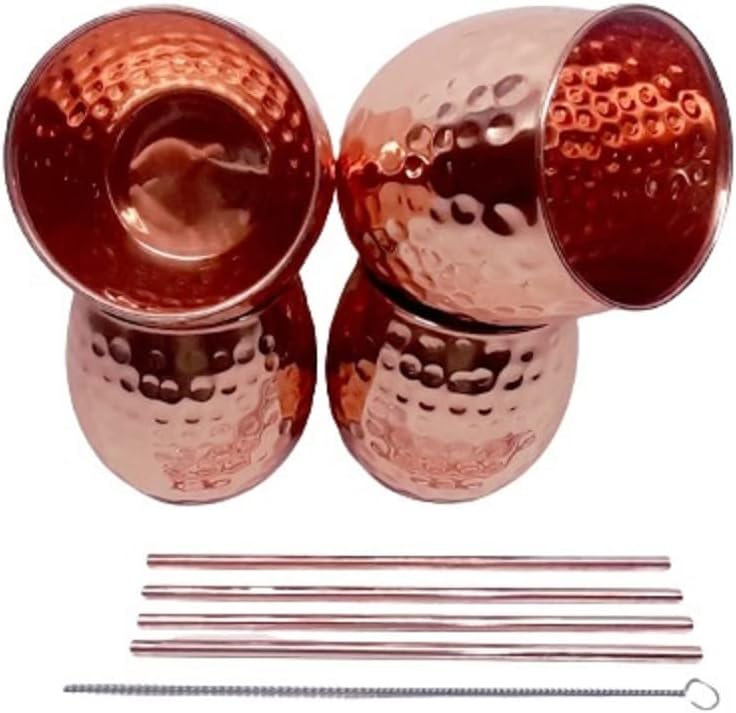 Copper Hammered squire tray & glass set of 9 pcs (tray 25x25 centimeter glass 300 ml per pcs & 4 pcs copper straw ) wt. 1500gms (Copper 99 % , Not Plated )