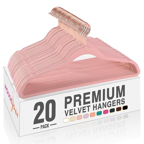 Image of HOUSE DAY Pink Velvet Hangers 20 Pack, Premium Non-Slip Felt Clothes, Sturdy Heavy Duty Coat, Durable Hangers for Suits, Space Saving with No Hanger Mark, 360 Swivel Rotating Rose Gold Hook