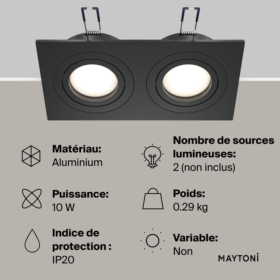 MAYTONI ATOM spot led encastrable carré – Downlight 2 x GU10 (10 W) – plafonnier LED plat en aluminium noir, orientable – luminaire plafonnier design pour cuisine, salon, chambre et couloir