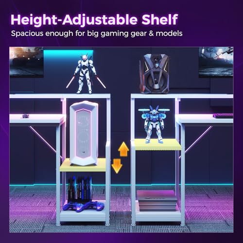 Image of AODK 48 Inch Gaming Desk with LED Lights, Computer Desk with Storage Shelves, Reversible Desk with Monitor Stand, White