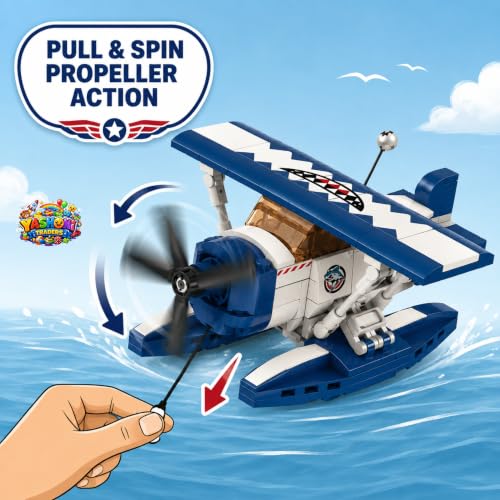 Image of Yashoni Sea Plane Building Blocks Set - 215 Pcs Biplane Aircraft Model | Pull String Propeller Action, STEM Construction Toy for Kids 6+ Boys & Girls | Educational 3D Building Kit, Gift