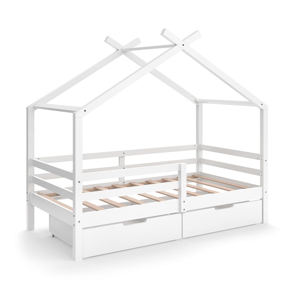 VitaliSpa Lit cabane Luni, Blanc, 160 x 80 cm avec des boîtes de Rangement, comme Une Petite Maison – pour Une atmosphère chaleureuse