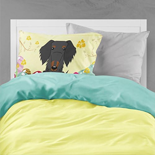 Caroline's Treasures BB6127PILLOWCASE Easter Eggs Wire Haired Dachshund Black Tan Fabric Standard Pillowcase Lightweight Super Soft Easy Care Decorative Artwork Pillowcase, Standard image 4