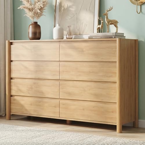 CHUWELL 55.1" Wide Oak 8 Drawer Dresser for Bedroom with Solid Wood Legs