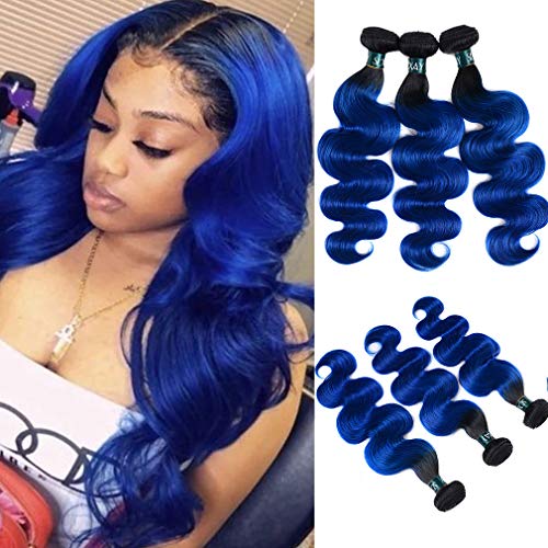 SEXAY Brazilian Remy Ombre Hair 1b/Blue Bundles Body Wave Human Hair Bundles , 2 Tone Ombre Hair 3 Bundles Hair (18" 20" 22", Body 1B/Blue)