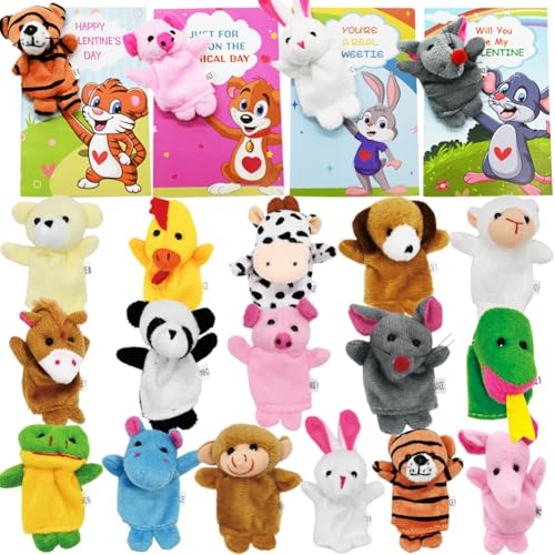 WODMAZ Valentines Day Cards for Kids, 16 Packs Animal Finger Puppet with Valentines Day Card, Plush Finger Puppet Valentines Sets for Kids Classroom...