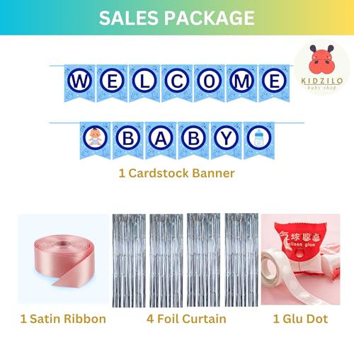 Image of 57 Pcs Welcome Baby Boy Decoration Kit | Balloons, Banner, Curtains, Foils, Stars, Hearts, Ribbon & Confetti for Baby Shower & Newborn Celebration Set 12
