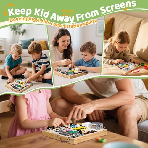 XICEN Montessori Wooden Busy Board Toys,Toddler Sensory Educational Fidget Board Travel Toy with LED Light Up Switches Music Boxes, Locks for 1 to 6 Year Kids Gifts