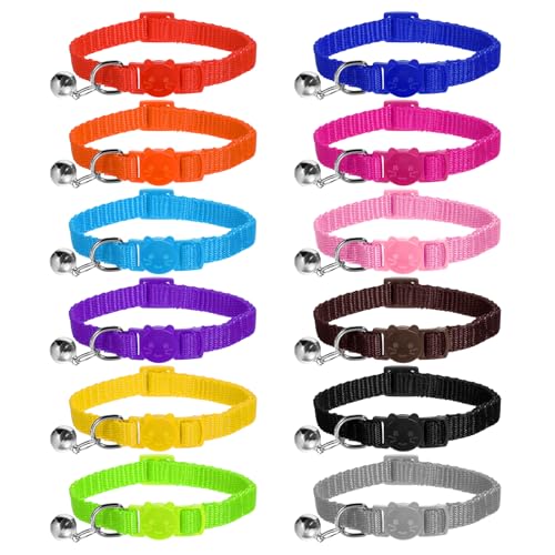 12 Pcs Breakaway Cat Collars with Bell Colorful Kitten Collar with Bell Soft Adjustable Collars with Safety Buckle Quick Release Cat Collar for Cats 12 Colors