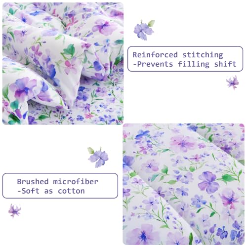 Image of lasoftan Floral Queen Comforter Set with Sheets, 7 piece Luxury Vintage Bedding, Soft Microfiber Bed in a Bag, Cozy Lightweight Bed Set, Purple Green Botanical