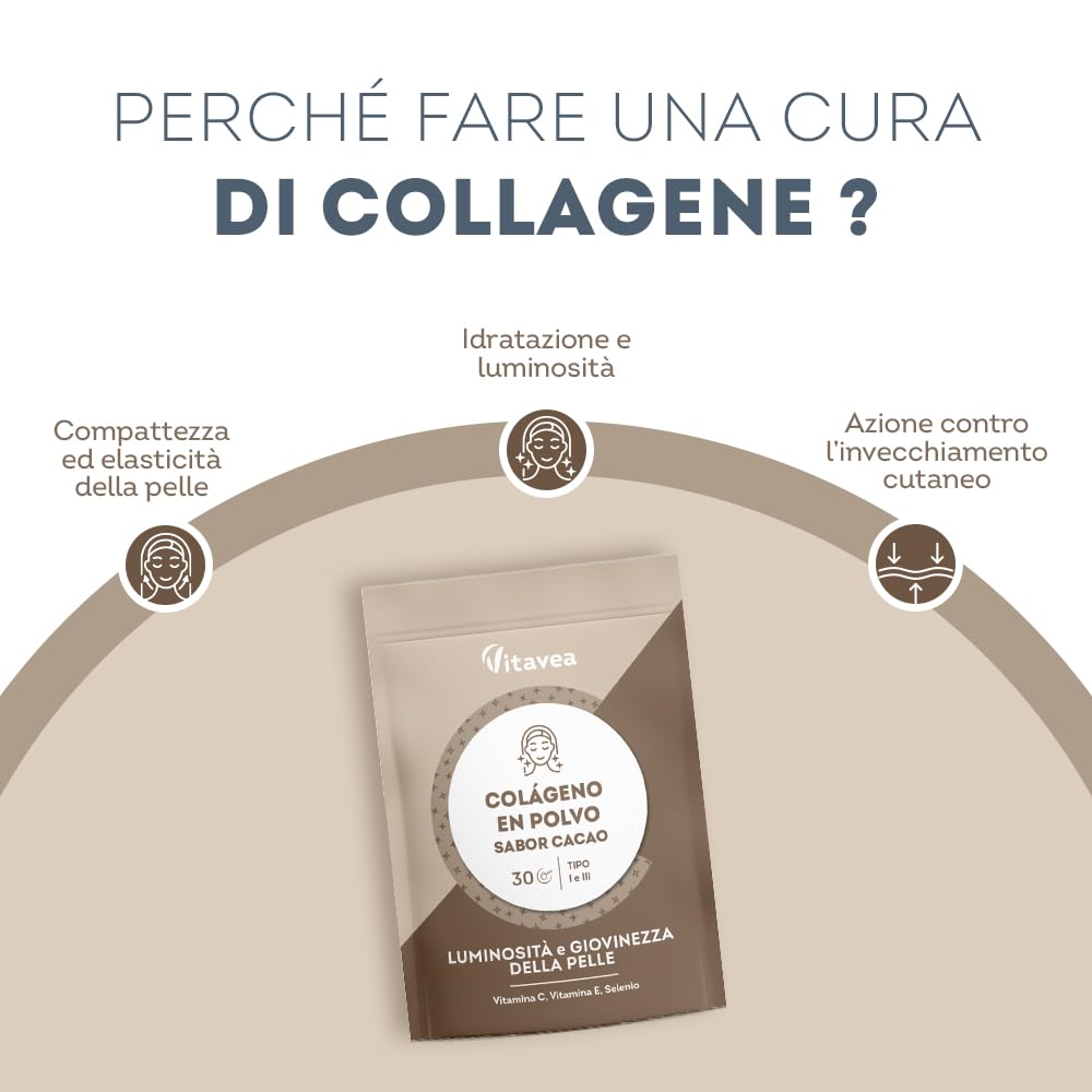 Vitavea Collagene Cacao Doypack - 2500 mg di Collagene Marino Idrolizzato Tipo 1 e 3 - Con Vitamina C, E, Selenio - Azione Antirughe - Pelle Luminosa - Gusto Cacao -150 g