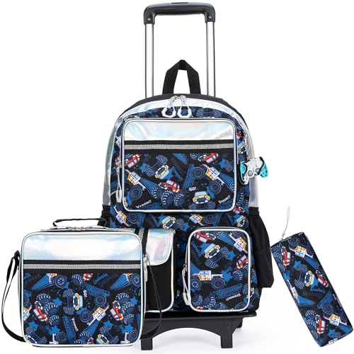 ZBAOGTW Mochila com rodinhas para crianças com rodinhas para estudantes do ensino fundamental, viagem com lancheira, estojo de lápis, Carro preto, Large