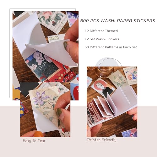 Image of 12 Sets 600 Sheets Washi Stickers for Journaling, Boho, Abstract, Vintage Scrapbook Sticker Set for Bullet Journal Art Diary Card Craft Gifts Planner Notebook