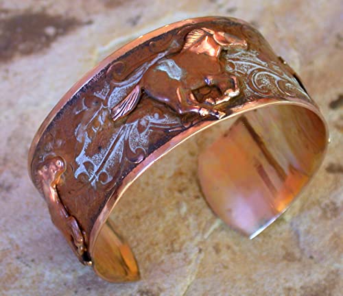 Elaine Coyne Collectible Artwear Olive Patina Solid Brass Galloping Wild Horse Cuff Bracelet - USA Made2