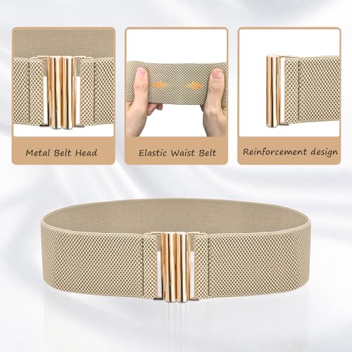 3 PCS Wide Stretchy Belt for Women Vintage Elastic Belts for Dresses Stretch Waist Belt with Golden Buckle Black Khaki Brown3