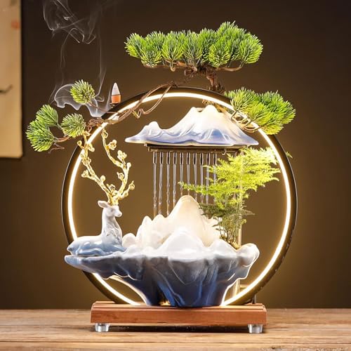 Fontaine d'intérieur avec brumisateur, fontaine zen de 35,5 cm de haut avec lumière LED ronde, brumisateur et porte-encens, décoration de méditation zen...