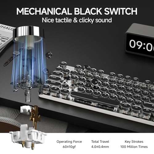 Image of EWEADN TK950 Typewriter Mechanical Keyboard and Mouse, 104 Keys Aesthetic Typewriter Keyboard Mouse Combo with White Backlit, Anti-Ghosting, Black Switch Bluetooth /2.4GHz /Wired Cute Keyboards-Black