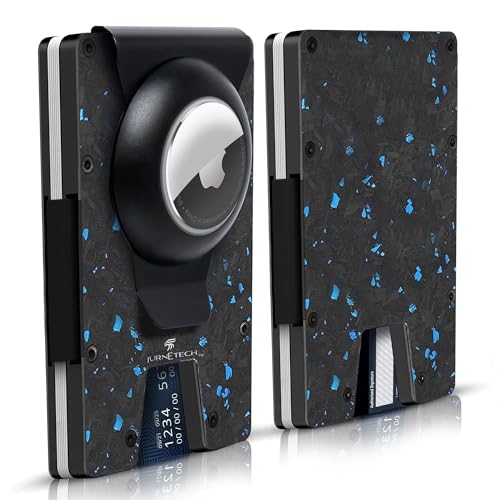 Magnetic Carbon Fiber Slim Wallet with Money Clip Airtag, RFID Blocking, AirTag Compatible, Metal, Magsafe compatible for all iPhones 12-16 (Airtag Money Clip, Blue)