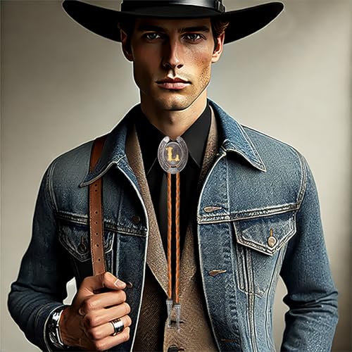 Image of Bolo tie for Men Western Cowboy Brown Leather Necktie Initial Letter ABCDJMR to Z Bolo ties for Women