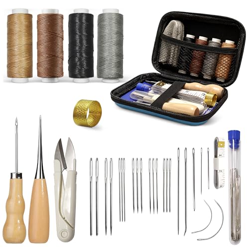 Leather Sewing Kit Upholstery Repair Kit with Waxed Thread Sewing Awl Needles Heavy Duty Hand Stitching Tools for Car Seats Sofa Carpet DIY Leather Crafts