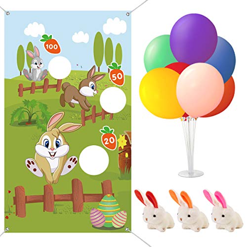 Kithouse Easter Toss Game with 3 Bunny Bean Bags for Kids Adults + Balloon Stand Kit Easter Eggs Hunt Bunnies Game Party Favors Supplies Easter Decorations Outdoor