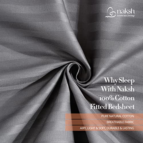 Image of Naksh Japandi Vibes Collection Elastic Fitted Bedsheets King Size 78 x 72 Inch, 210 TC Stripes Pure Cotton, Grey | 1 King Size Bedsheet with Elastic Fitted and 2 Pillow Covers