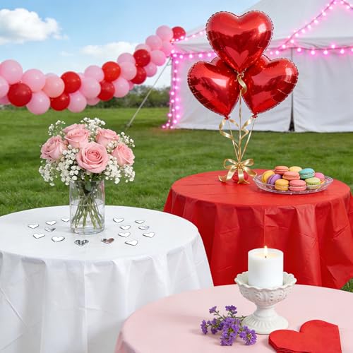 Image of 12 Pcs Valentine's Day Plastic Tablecloths, Disposable Round Red White Pink Table Cover 84 Inch Waterproof Table Covers for Valentine's Day Family Wedding Birthday Bridal Shower Party Decorations