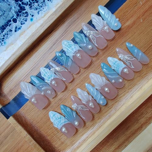 3D Handmade Press on Nails Long Almond Handcrafted Nail Art with Designed Summer Beach Press Ons for Women and Girls /20 Piece Set