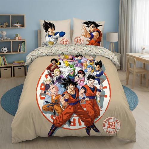 Aymax Parure de Lit Double Dragon Ball Super, 2 Personnes, Housse de Couette Réversible 240x220 cm + 2 Taies d'oreiller 65x65 cm, Beige, Polycoton