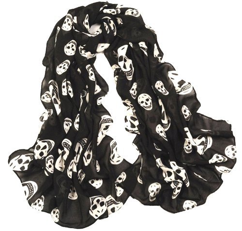 JOVANAS FASHION Chiffon Chic & Stylish Print Scarf for seasonless (Black & White Skull)
